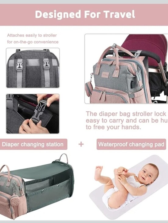 JOLLITO Quilted Baby Diaper Bag Backpack with Changing Station Pink main image 8